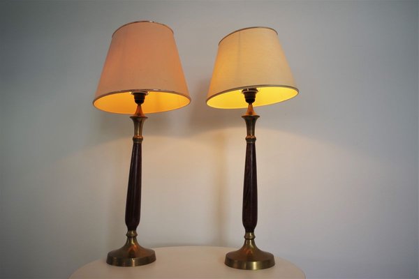 Mahogany, Brass & Cotton Hats Tale Lamps from Abat Jour, 1950s, Set of 2-KNM-910485