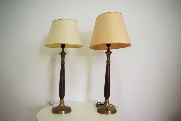 Mahogany, Brass & Cotton Hats Tale Lamps from Abat Jour, 1950s, Set of 2-KNM-910485