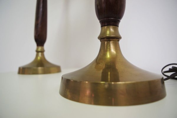 Mahogany, Brass & Cotton Hats Tale Lamps from Abat Jour, 1950s, Set of 2-KNM-910485