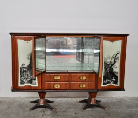 Mahogany Pear Tree, Brass & Glass Top Drawers Sideboard with Allegorical Drawings & Internal Lightning from F.lli Rigamonti Desio, Milano, 1940s-KNM-701987