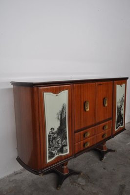 Mahogany Pear Tree, Brass & Glass Top Drawers Sideboard with Allegorical Drawings & Internal Lightning from F.lli Rigamonti Desio, Milano, 1940s-KNM-701987