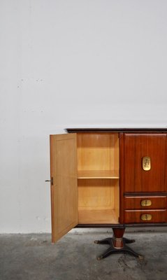 Mahogany Pear Tree, Brass & Glass Top Drawers Sideboard with Allegorical Drawings & Internal Lightning from F.lli Rigamonti Desio, Milano, 1940s-KNM-701987