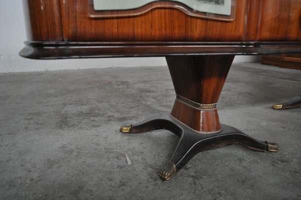 Mahogany Pear Tree, Brass & Glass Top Drawers Sideboard with Allegorical Drawings & Internal Lightning from F.lli Rigamonti Desio, Milano, 1940s-KNM-701987