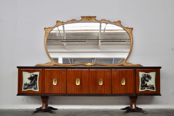 Mahogany, Pearwood, Brass & Marbled Back-Lacquered Glass Top Sideboard with Mirror from F.lli Rigamonti Desio, Milano, 1940s-KNM-701991