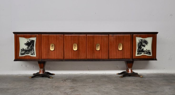 Mahogany, Pearwood, Brass & Marbled Back-Lacquered Glass Top Sideboard with Mirror from F.lli Rigamonti Desio, Milano, 1940s-KNM-701991