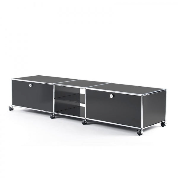 3x1 Modular Metal Sideboard with 2 bottom doors & 2 middle pannels & 1 middle divider shelf & wheels [W(750+500+750)XD350XH350] by Usm #Anthracite [RAL 7016]