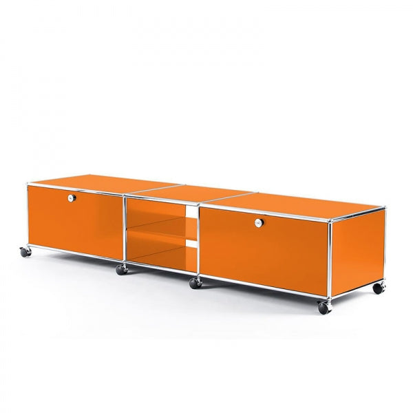 3x1 Modular Metal Sideboard with 2 bottom doors & 2 middle pannels & 1 middle divider shelf & wheels [W(750+500+750)XD350XH350] by Usm #Pure Orange [RAL 2004]