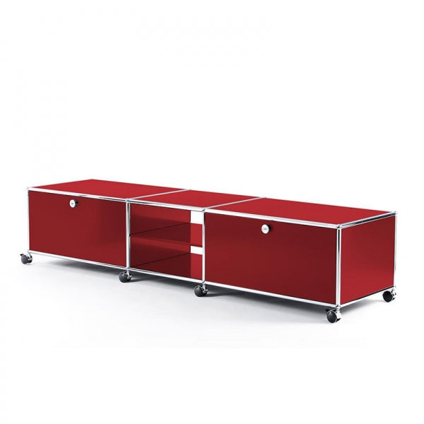 3x1 Modular Metal Sideboard with 2 bottom doors & 2 middle pannels & 1 middle divider shelf & wheels [W(750+500+750)XD350XH350] by Usm #USM Ruby Red