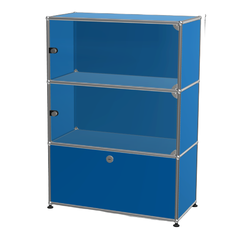 1x3 Modular Metal Highboard with 2 top glass 1 bottom doors [W750XD350XH(350+350+350)] by Usm #Gentian Blue [RAL 5010]