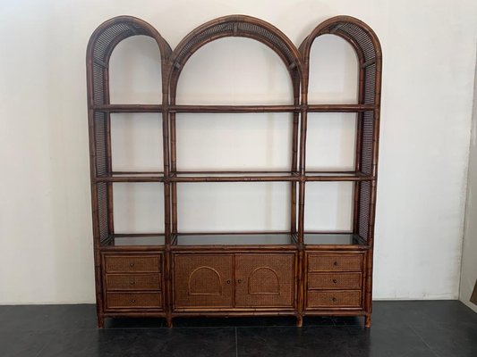 Malacca Rattan & Crystal Bookcase from Vivai del Sud, 1970s-IJR-1047877