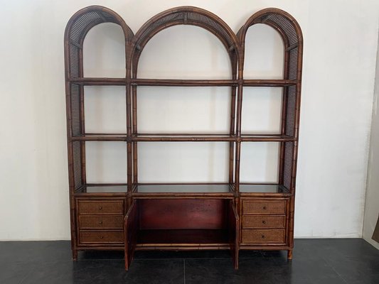 Malacca Rattan & Crystal Bookcase from Vivai del Sud, 1970s-IJR-1047877