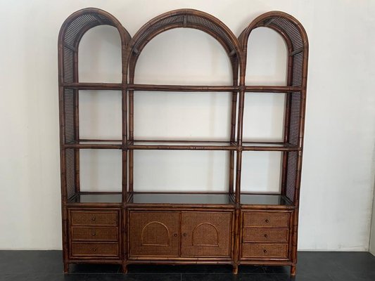 Malacca Rattan & Crystal Bookcase from Vivai del Sud, 1970s-IJR-1047877