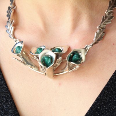 Malachite Sterling Silver Necklace & Earrings, 1970s, Set of 3-OLU-1157480