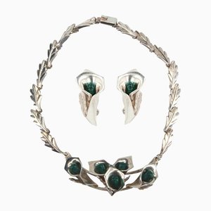 Malachite Sterling Silver Necklace & Earrings, 1970s, Set of 3-OLU-1157480