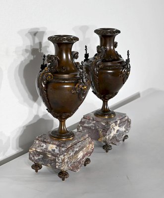 Marble and Bronze Chimney Decorative, End of 19th Century, Set of 3-RVK-1395652