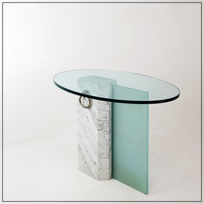 Marble and Sandblasted Glass Side Table with Oval Glass Top, 1980s-NYF-2019082