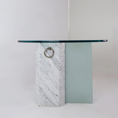 Marble and Sandblasted Glass Side Table with Oval Glass Top, 1980s-NYF-2019082