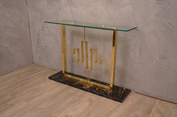 Marble, Brass & Glass Console Table, 1980s-UH-637551