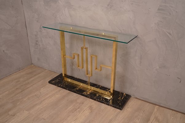 Marble, Brass & Glass Console Table, 1980s-UH-637551