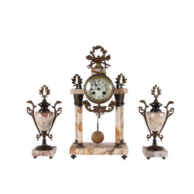 Marble & Bronze Clock with Cassolettes, Set of 3-VMM-1287223