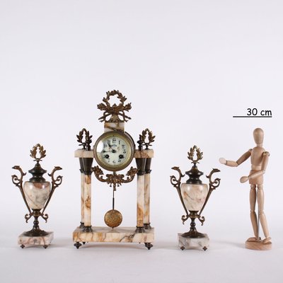 Marble & Bronze Clock with Cassolettes, Set of 3-VMM-1287223