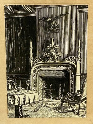 Marcel Chanargue, Interior with Fireplace, Ink Drawing-QKG-1356627