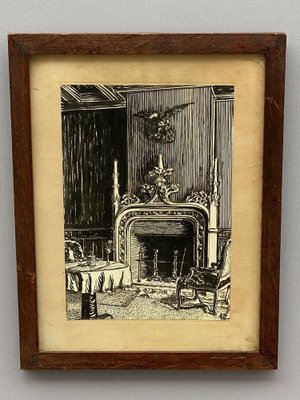 Marcel Chanargue, Interior with Fireplace, Ink Drawing-QKG-1356627