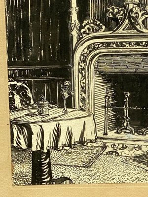 Marcel Chanargue, Interior with Fireplace, Ink Drawing-QKG-1356627