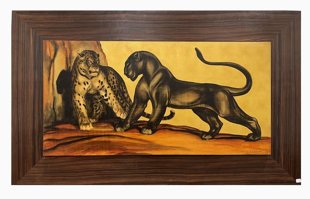 Margat, Exceptional Lacquer on a Gold Background Depicting Two Felines, France, 1942, Lacquer-YXM-1785208