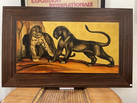 Margat, Exceptional Lacquer on a Gold Background Depicting Two Felines, France, 1942, Lacquer-YXM-1785208