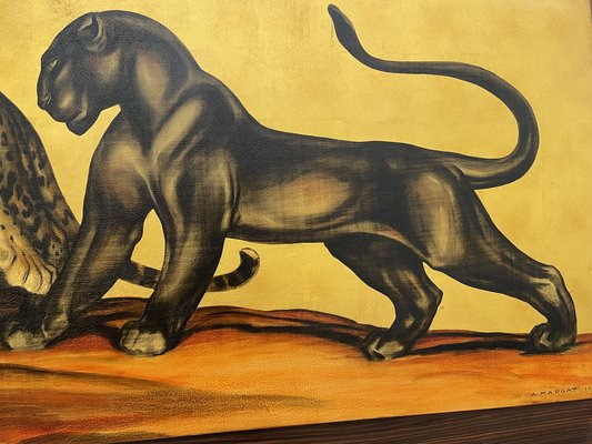 Margat, Exceptional Lacquer on a Gold Background Depicting Two Felines, France, 1942, Lacquer-YXM-1785208