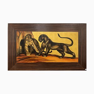 Margat, Exceptional Lacquer on a Gold Background Depicting Two Felines, France, 1942, Lacquer-YXM-1785208