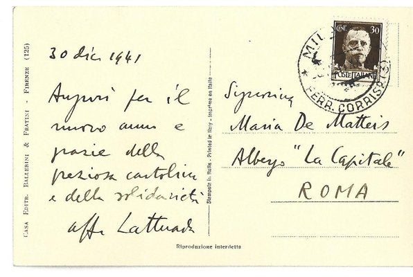 Mario Alberto Lattuada - New Year Card Signed and Dated to M. De Matteis - 1941-ZCI-822981