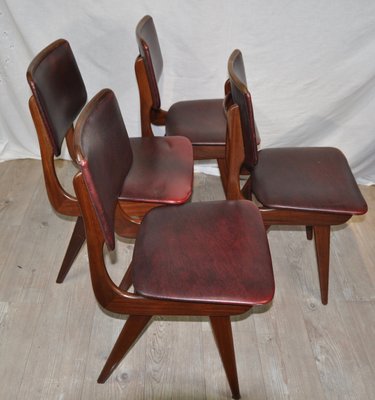 Maroon Leatherette Chairs by Louis van Teeffelen, 1960s, Set of 4-ROJ-655111