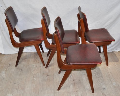 Maroon Leatherette Chairs by Louis van Teeffelen, 1960s, Set of 4-ROJ-655111