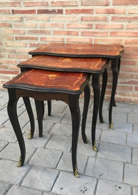 Marquetry Nesting Tables with Cabriole Shaped Legs, 1950s, Set of 3-NOU-703036