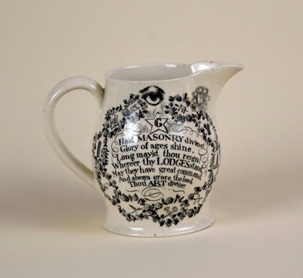 Masonic Creamware Jug with Black Transfer Prints of Masonic Symbols, 1820s-YNA-783493