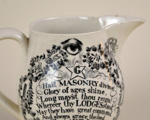 Masonic Creamware Jug with Black Transfer Prints of Masonic Symbols, 1820s-YNA-783493