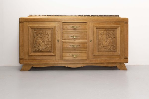 Massive French Antelopes Credenza in Oak with Marble Top, 1940-RIU-1427416