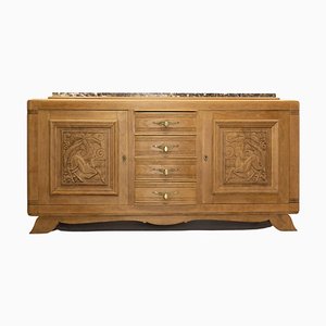 Massive French Antelopes Credenza in Oak with Marble Top, 1940-RIU-1427416