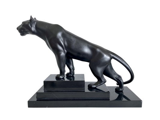 Max Le Verrier, Art Deco Style Black Panther Sculpture, 2020s, Spelter & Marble-QGS-1664437