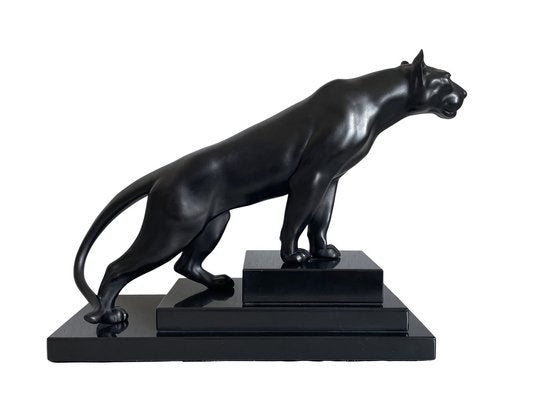 Max Le Verrier, Art Deco Style Black Panther Sculpture, 2020s, Spelter & Marble-QGS-1664437