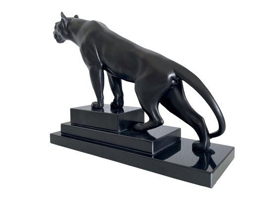 Max Le Verrier, Art Deco Style Black Panther Sculpture, 2020s, Spelter & Marble-QGS-1664437