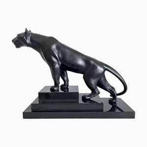 Max Le Verrier, Art Deco Style Black Panther Sculpture, 2020s, Spelter & Marble-QGS-1664437