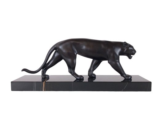 Max Le Verrier, Art Deco Style Black Panther Uganda Sculpture, 2022, Spelter & Marble-QGS-1723770