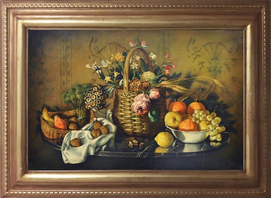 Maximilian Ciccone, Italian Still Life of Flowers & Fruit, Oil on Canvas, Framed-YUW-1298523