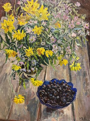 Maya Kopitzeva, Flowers and Blueberries, 2000s, Oil on Canvas, Framed-QUE-1358677