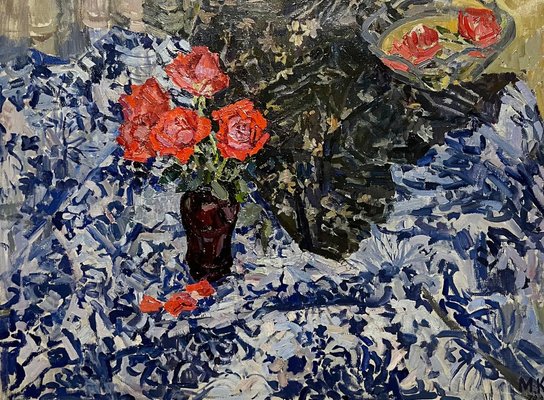 Maya Kopitzeva, Red Roses on Blue Tablecloth, 1970s, Oil on Canvas-QUE-1257814