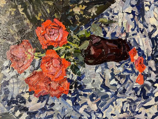 Maya Kopitzeva, Red Roses on Blue Tablecloth, 1970s, Oil on Canvas-QUE-1257814