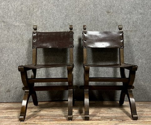 Medieval Style Chairs in Wood and Leather, Set of 2-MWB-1798394